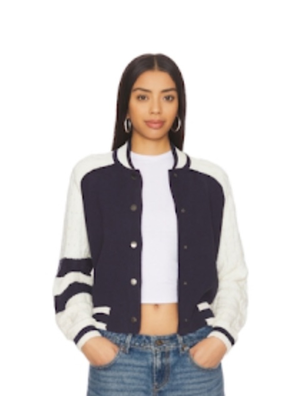 Central Park West Chloe Knit Bomber Navy White Cable Medium EUC!